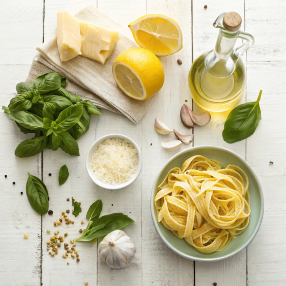 Frische Zutaten wie Tagliatelle, Basilikum, Zitrone, Parmesan, Knoblauch und Sahne für Tagliatelle mit Zitronen-Basilikum-Sauce