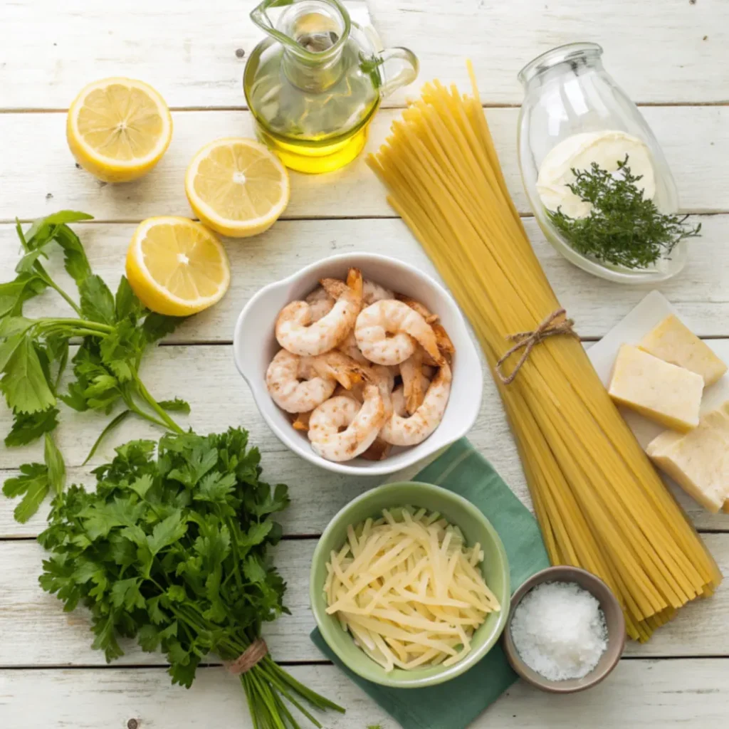 Frische Zutaten für Zitronenspaghetti mit Kräutergarnelen – Spaghetti, Garnelen, Zitrone, Knoblauch, Kräuter und Parmesan