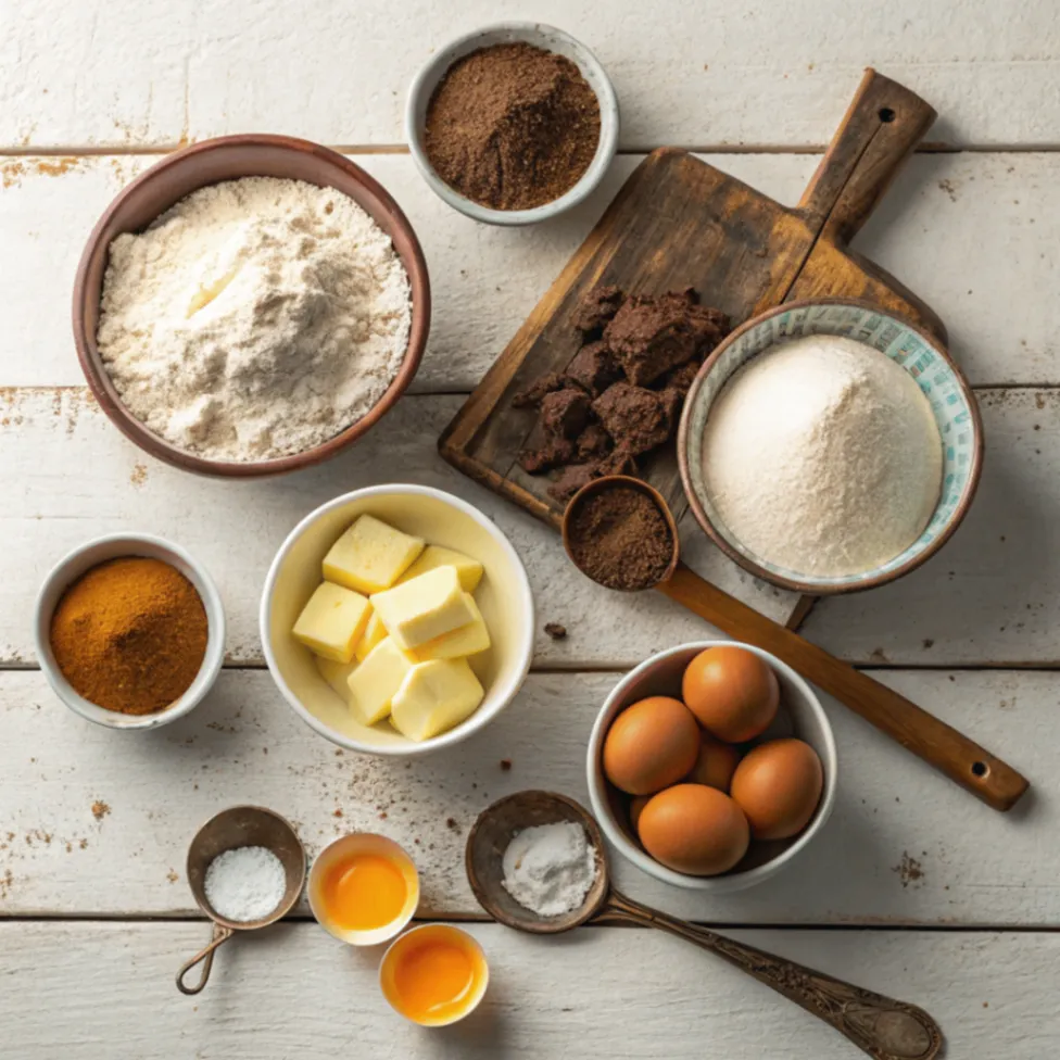 Alle Zutaten für einen Schokoladen Vanille Schichtkuchen auf einen Blick: Mehl, Kakao, Butter, Eier, Zucker, Vanillezucker, Milch und Backpulver