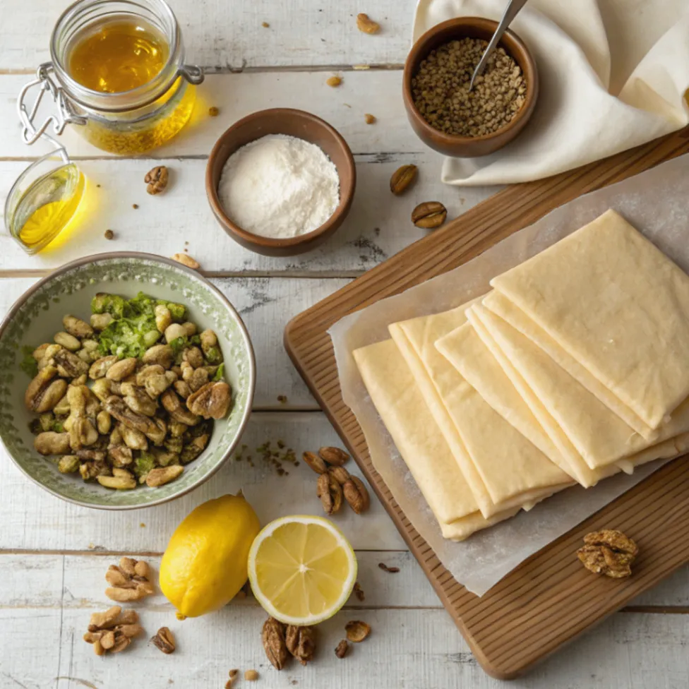 Essenzielle Baklava Zutaten: Filoteig, Nüsse, Butter, Zucker, Honig und Zimt