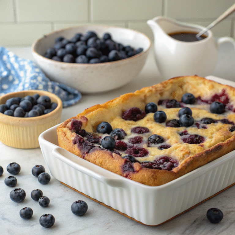 Blaubeer-Hüttenkäse Frühstücks-Bake – frisch aus dem Ofen, fruchtig, cremig und proteinreich