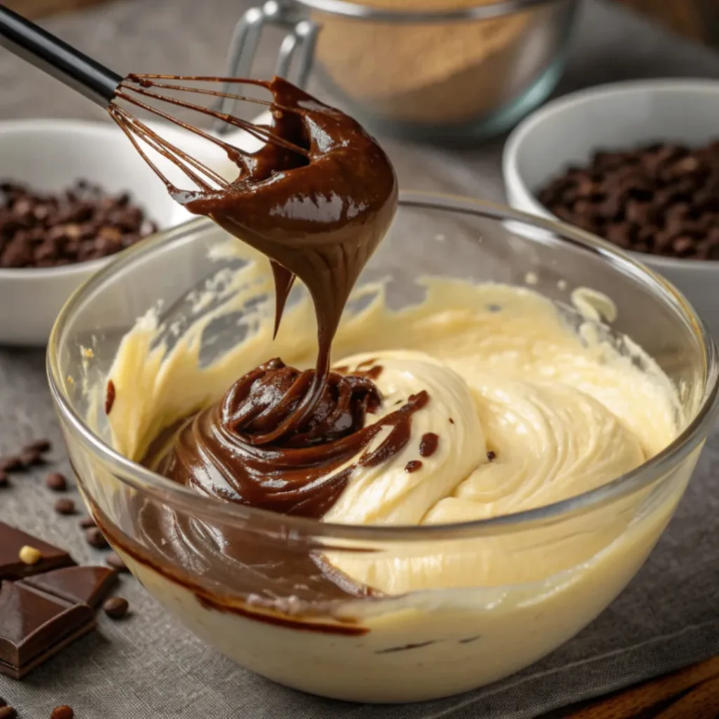Geschmolzene Schokolade wird vorsichtig in Mascarpone-Creme eingerührt