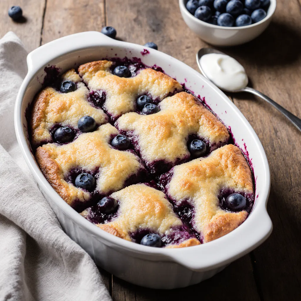 Frisch gebackener Blaubeer-Hüttenkäse Frühstücks-Bake in Auflaufform mit Blaubeeren und cremiger Oberfläche
