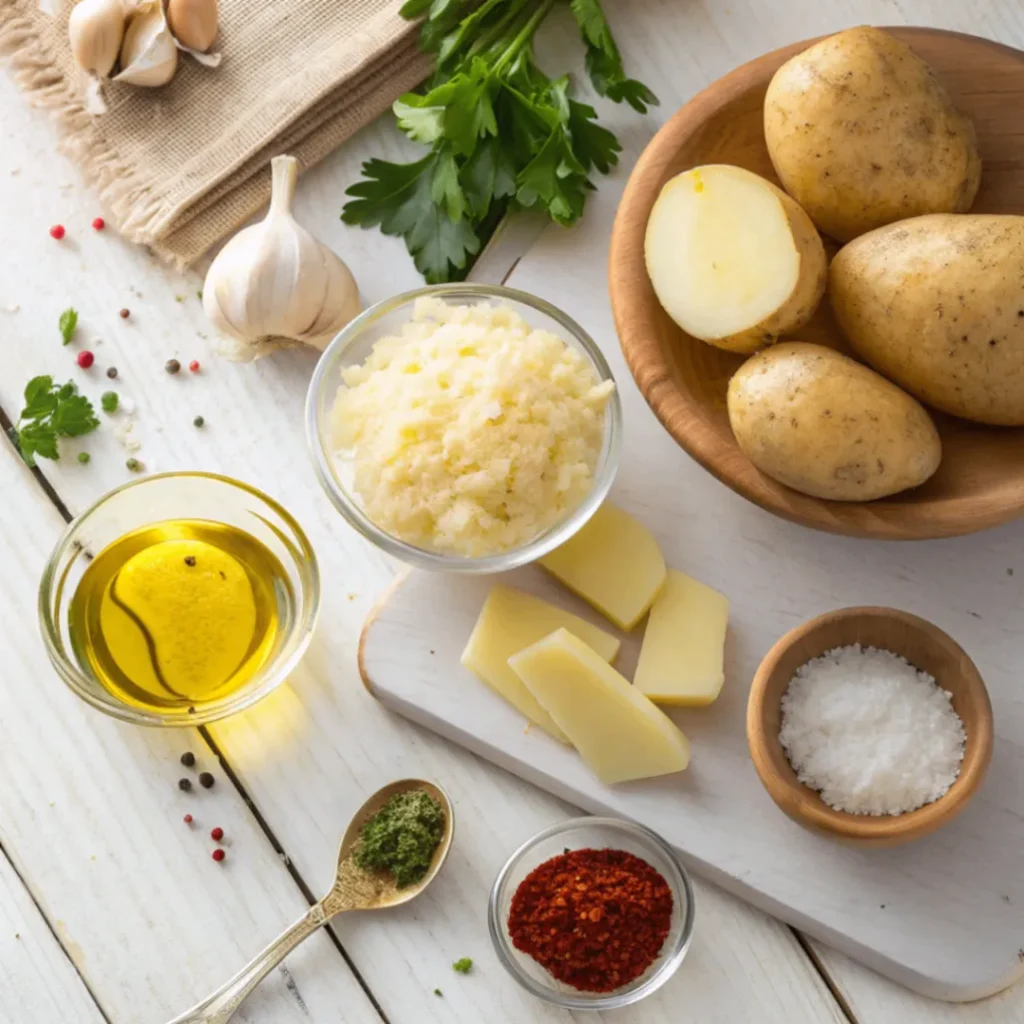 Frische Zutaten für gebackene Kartoffeln mit Knoblauch & Parmesan auf rustikalem Holztisch, inklusive Kartoffeln, Knoblauch, Parmesan, Olivenöl, Petersilie und Gewürzen