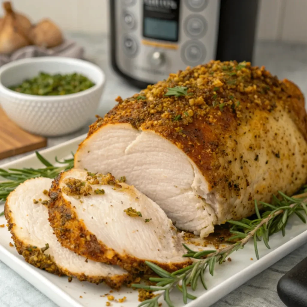 Saftige Air Fryer Knoblauch Kräuter Truthahnbrust mit goldbrauner Kruste und frischen Kräutern