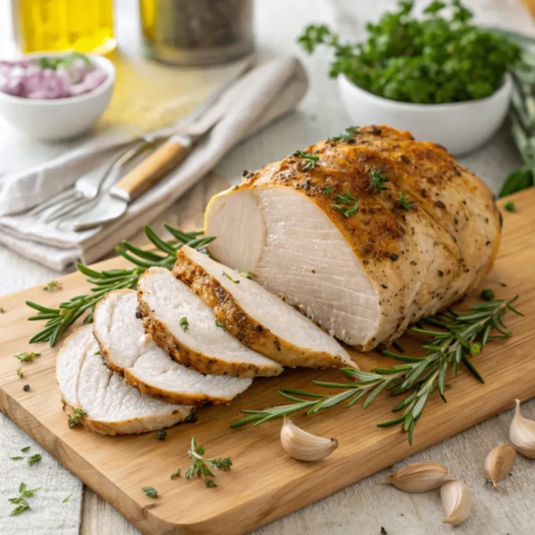 Saftige Air Fryer Knoblauch Kräuter Truthahnbrust mit goldbrauner Kruste und frischen Kräutern