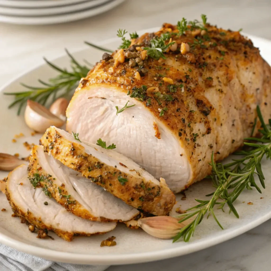 Saftige Air Fryer Knoblauch Kräuter Truthahnbrust mit goldbrauner Kruste und frischen Kräutern