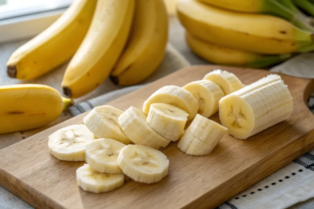 Dünn geschnittene Bananenscheiben auf Schneidebrett für Bananenchips