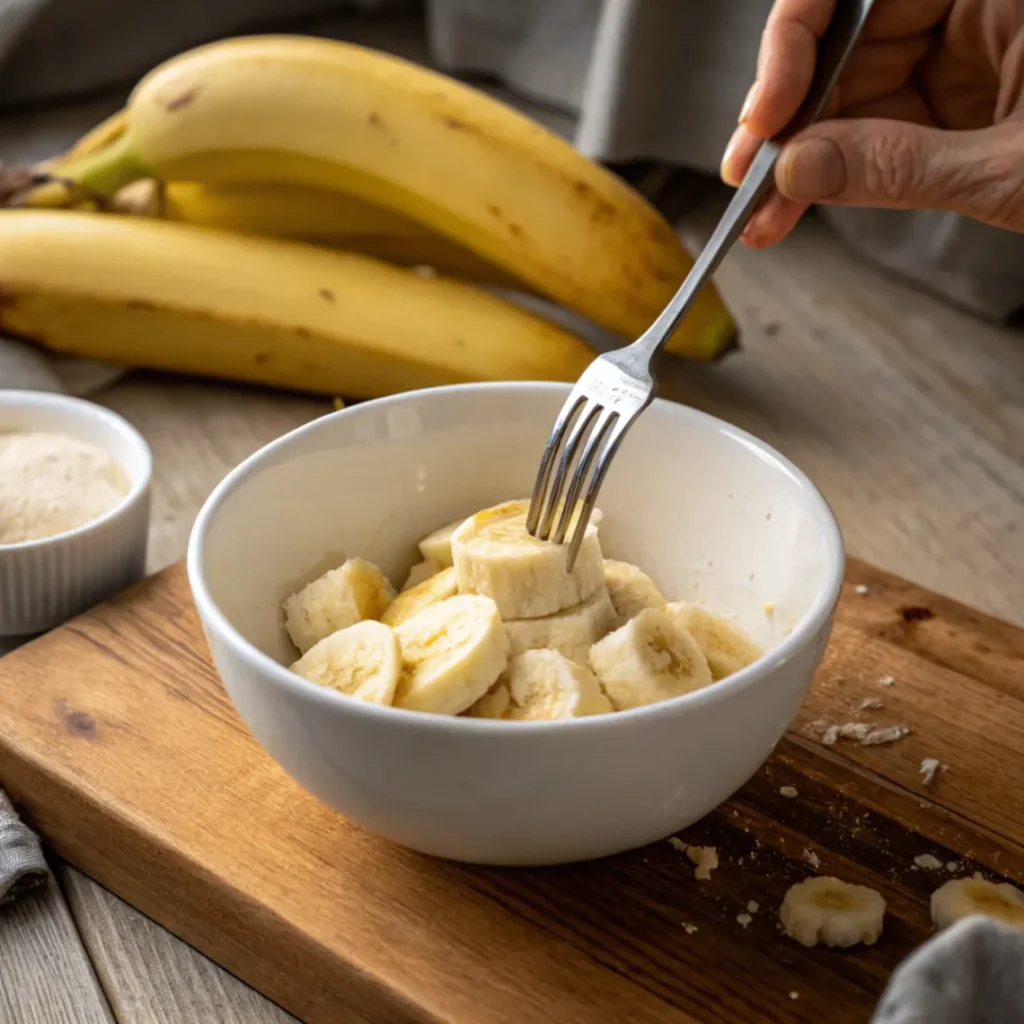 Reife Bananen mit einer Gabel zerdrücken für die zuckerfreien Kokos Haferkekse