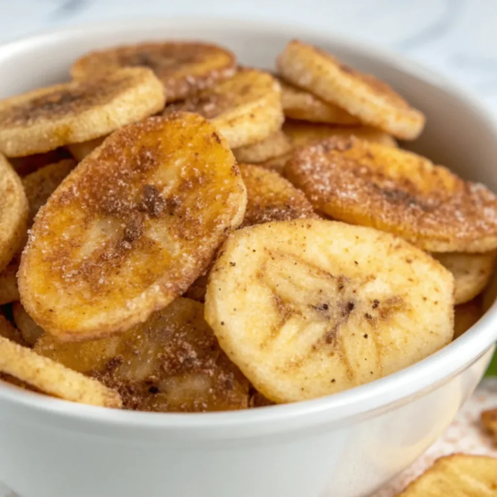 Knusprige Bananenchips mit Zimt und Zucker aus der Heißluftfritteuse in einer Schüssel serviert
