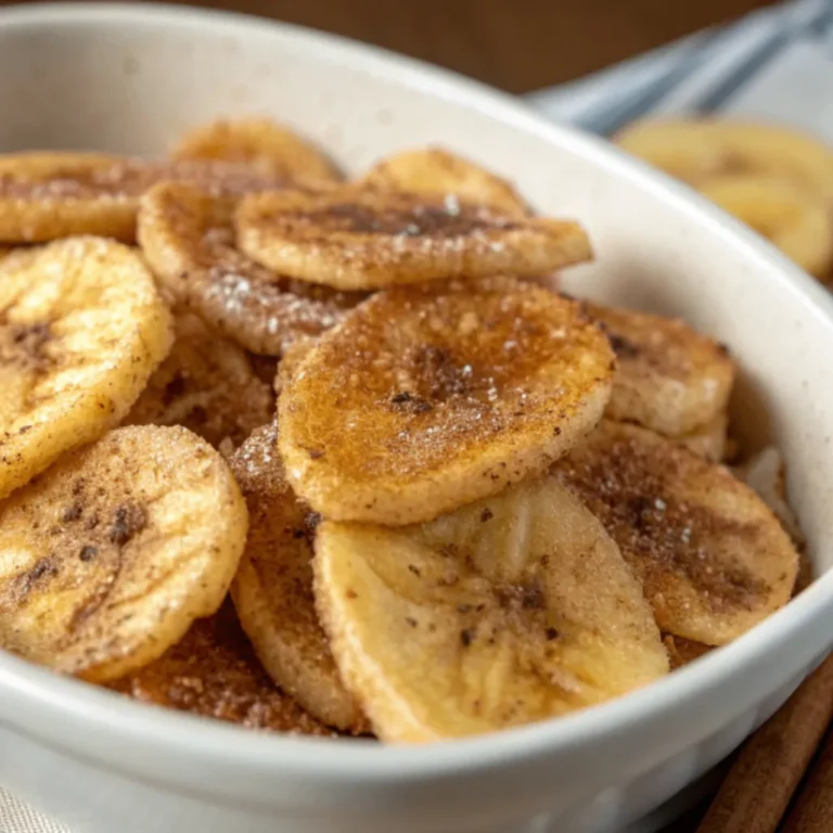 Knusprige Bananenchips mit Zimt und Zucker aus der Heißluftfritteuse in einer Schüssel serviert