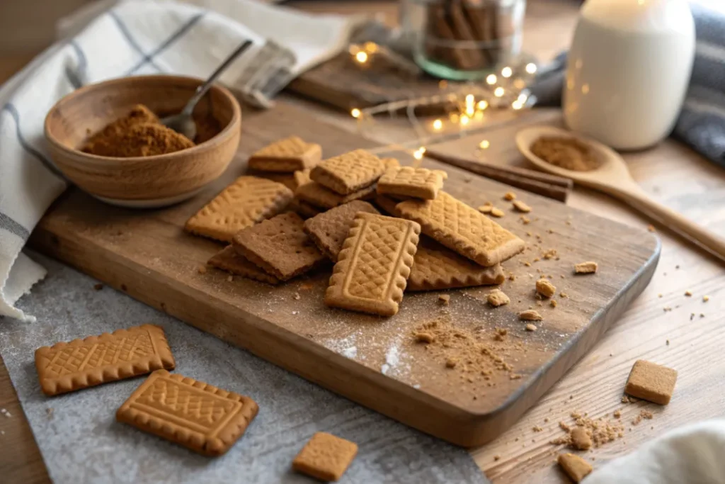 Biscoff- und Spekulatiuskekse grob zerbröselt auf einem Holzbrett