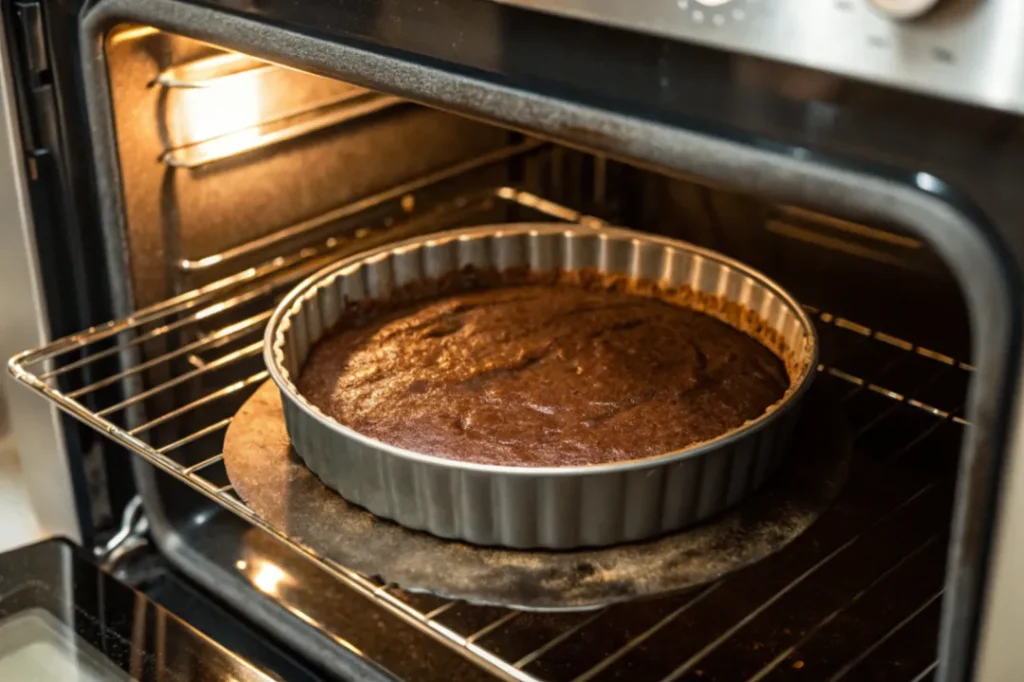 Brownie-Boden für Himbeer Schoko Brownie Torte im Backofen