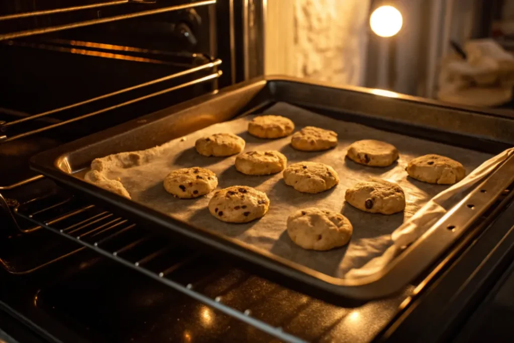 Gefüllte Cookies im Ofen mit leicht goldbraunen Rändern