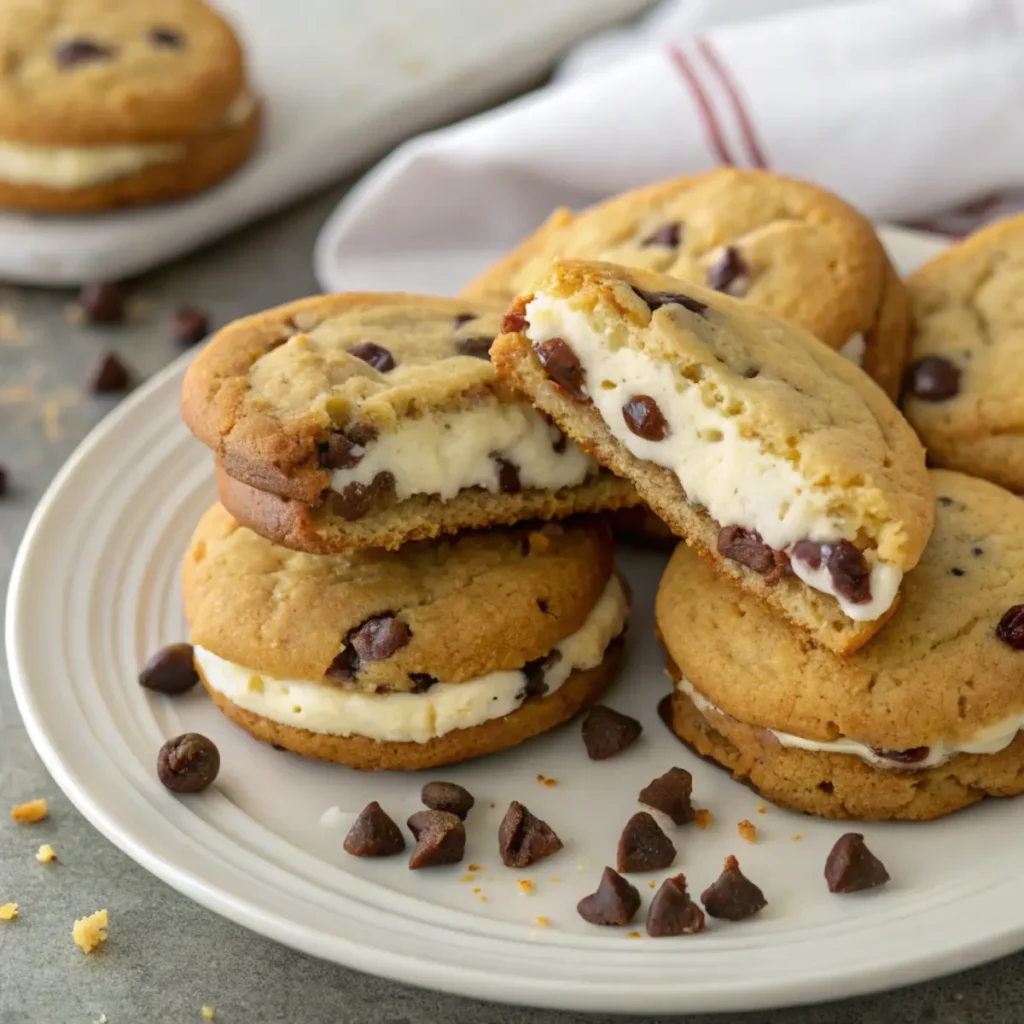 Frisch gebackene Cheesecake-Filled Chocolate Chip Cookies mit cremiger Füllung und weichen Schokoladenstückchen auf einem rustikalen Holztisch