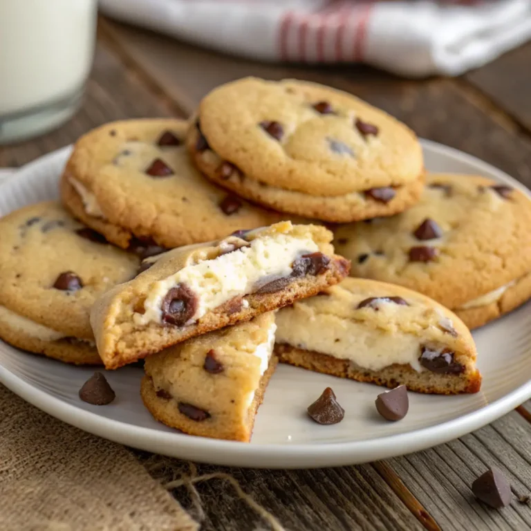 Frisch gebackene Cheesecake-Filled Chocolate Chip Cookies mit cremiger Füllung und weichen Schokoladenstückchen auf einem rustikalen Holztisch