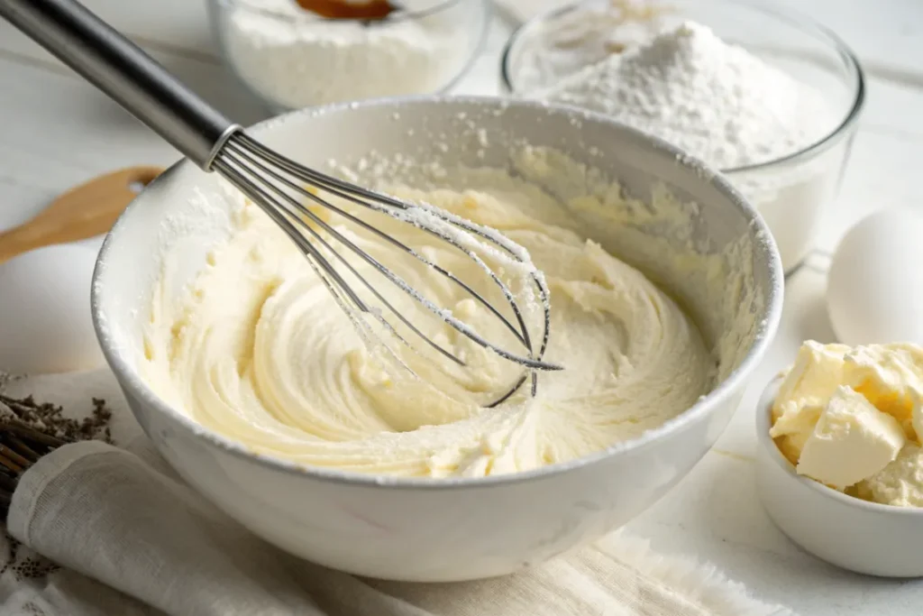Glatte Cheesecake-Füllung in Schüssel, bereit für Cookies