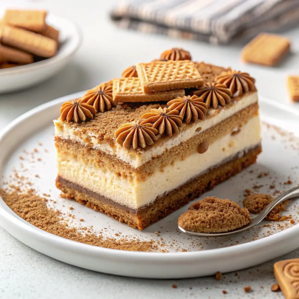 Nahaufnahme eines Stücks Biscoff Spekulatius Tiramisu, mit Mascarponecreme, Biscoff- und Spekulatius-Keksen, bestäubt mit Kakao