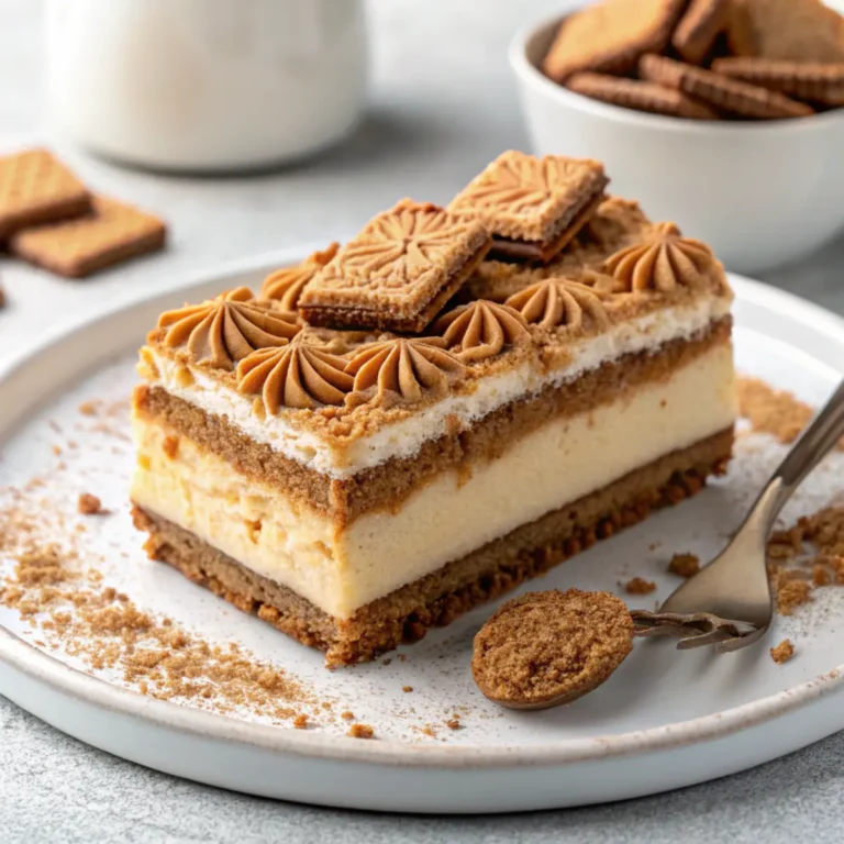 Nahaufnahme eines Stücks Biscoff Spekulatius Tiramisu, mit Mascarponecreme, Biscoff- und Spekulatius-Keksen, bestäubt mit Kakao