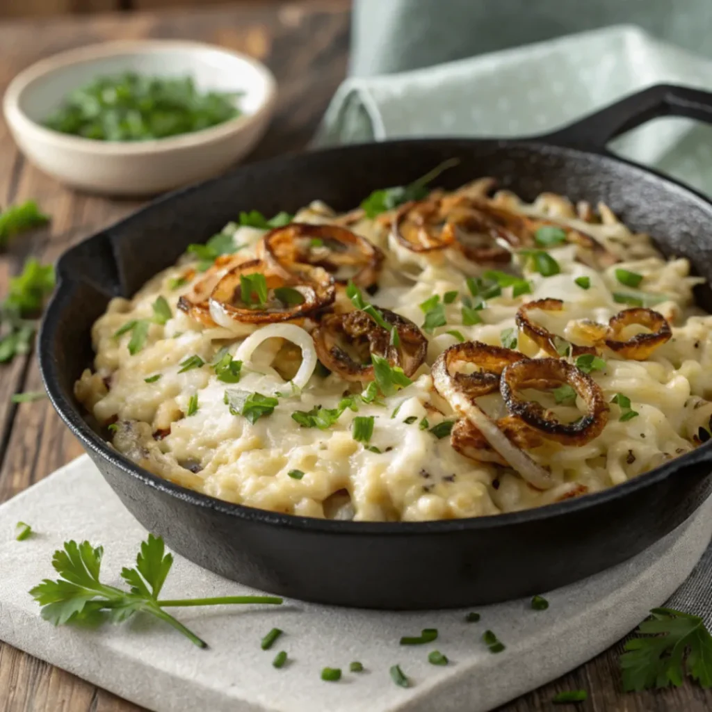 Cremige Kräuterspätzle mit karamellisierten Zwiebeln und Käse in Pfanne serviert