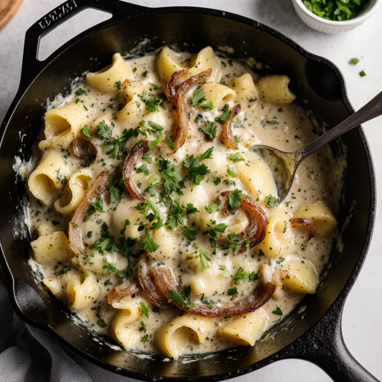 Cremige Kräuterspätzle mit karamellisierten Zwiebeln und Käse in Pfanne serviert