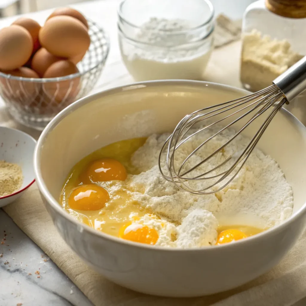 Eier und Öl werden zu den trockenen Zutaten für Schoko Karottenkuchen mit Frischkäse Frosting hinzugefügt