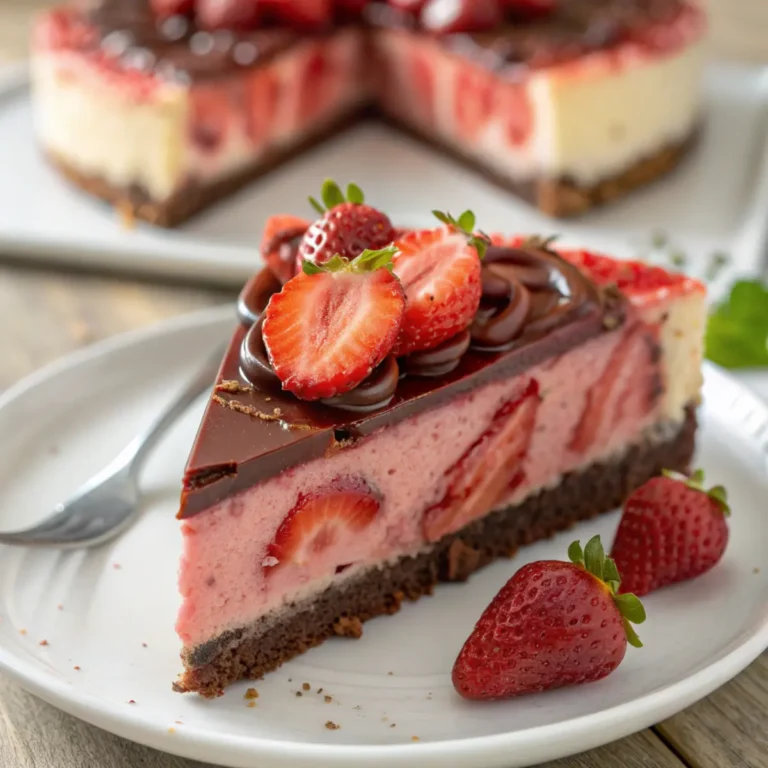 Erdbeer Schoko Käsekuchen mit Schokoladenboden, cremiger Füllung und frischen Erdbeeren, dekoriert mit Schokolade.