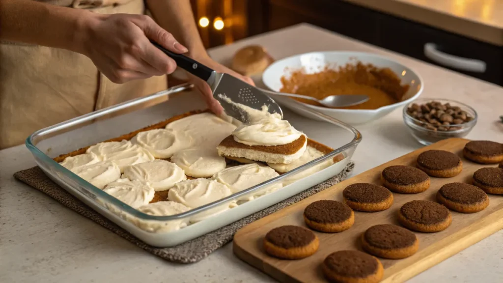 Mascarpone-Creme wird gleichmäßig über die Kekse geschichtet