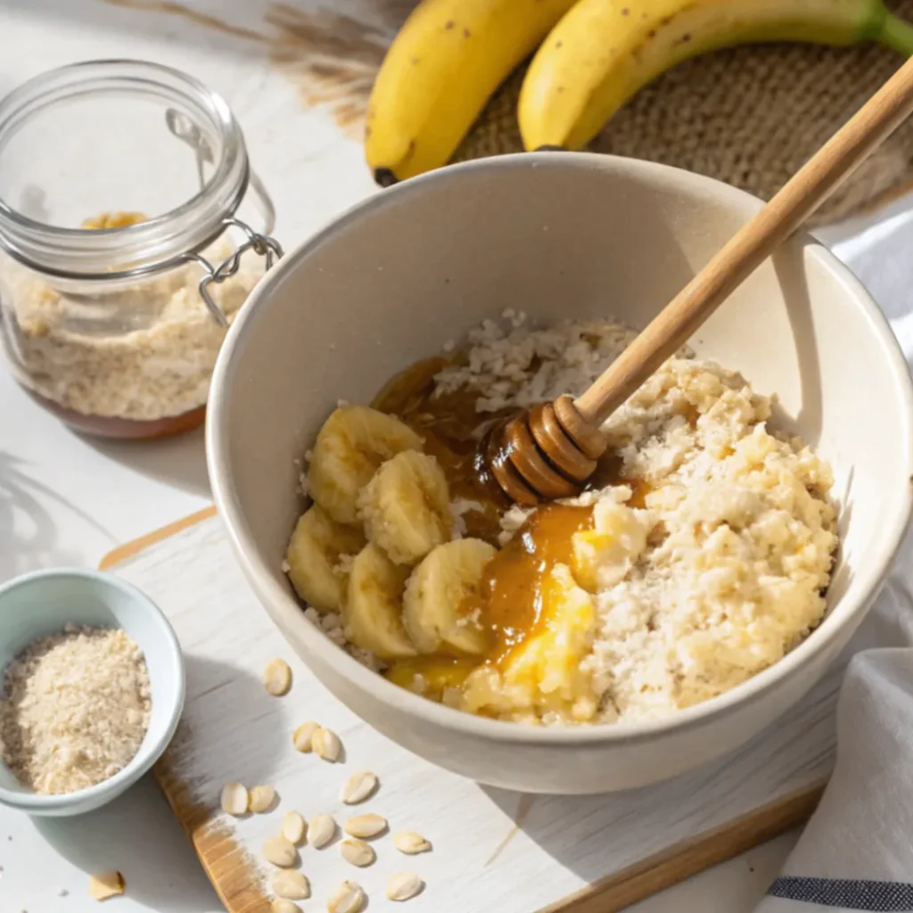 Bananen und Honig in die trockenen Zutaten rühren