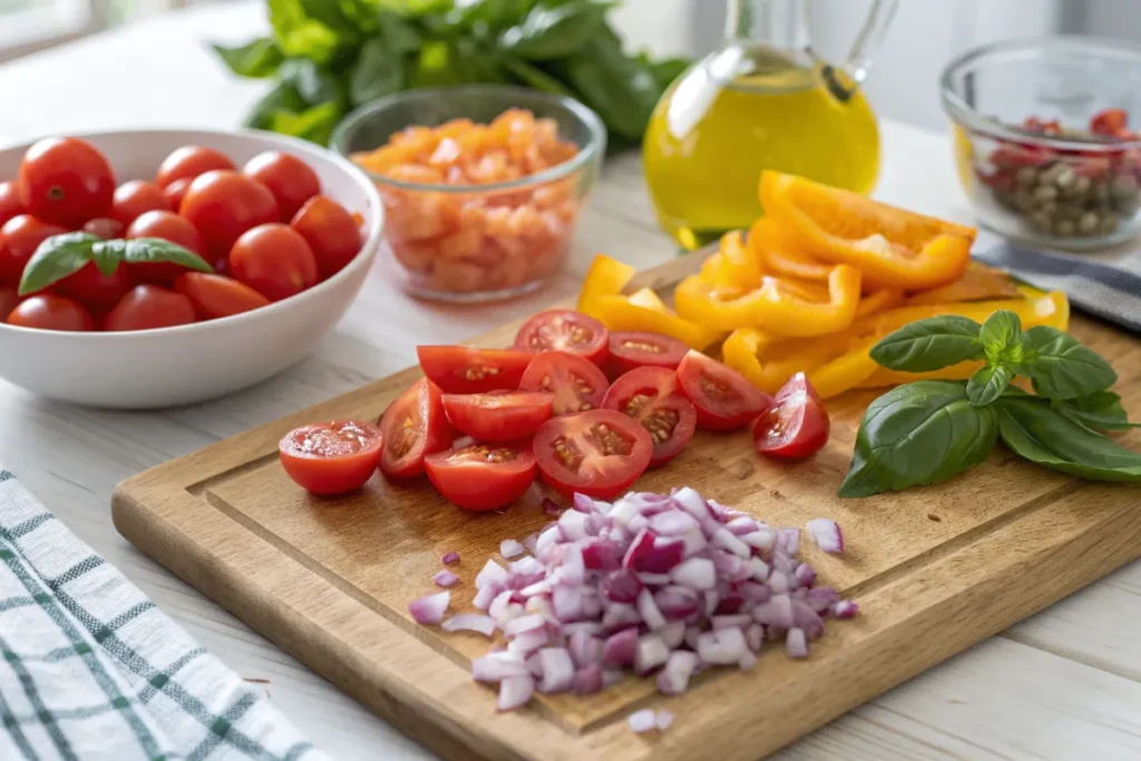 Schneiden von Tomaten, Paprika und Zwiebeln für Nudelsalat auf italienisch