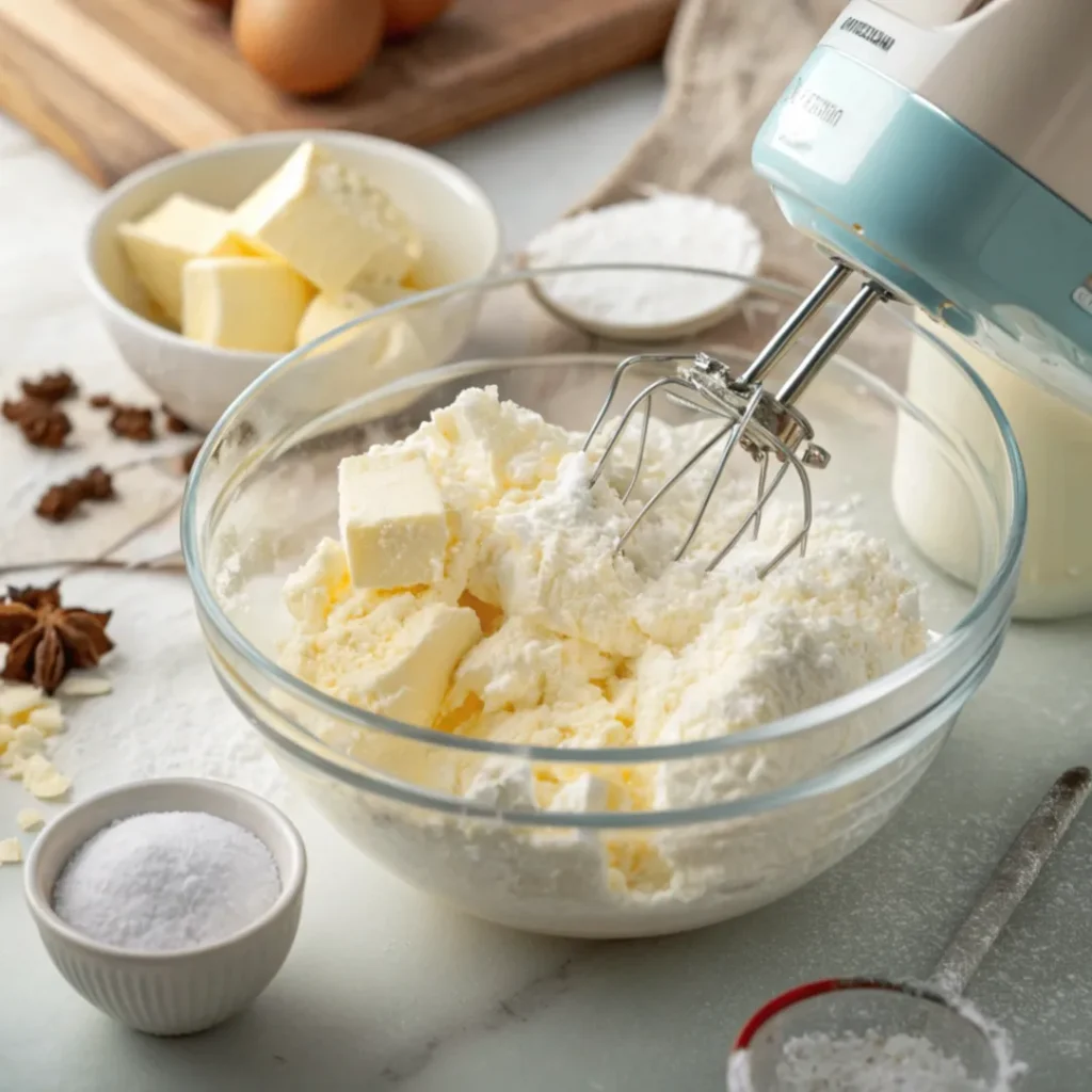Frischkäse, Butter und Puderzucker werden zu einem cremigen Frosting geschlagen