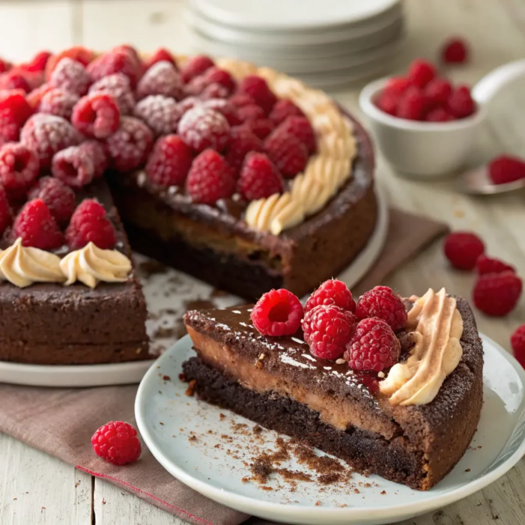 Frische Himbeer Schoko Brownie Torte mit cremiger Mascarpone-Schicht und saftigem Schokoboden