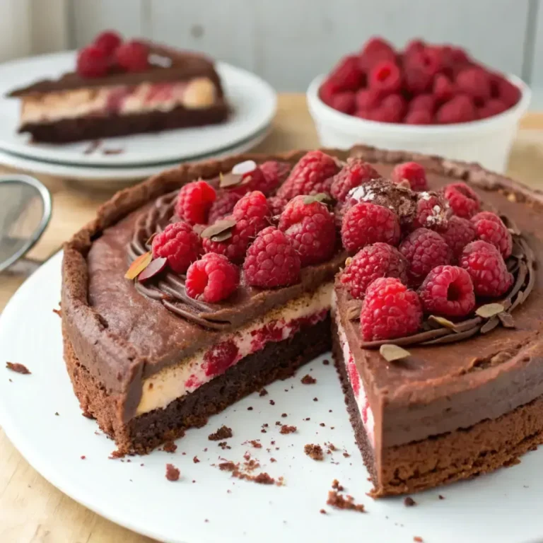 Frische Himbeer Schoko Brownie Torte mit cremiger Mascarpone-Schicht und saftigem Schokoboden
