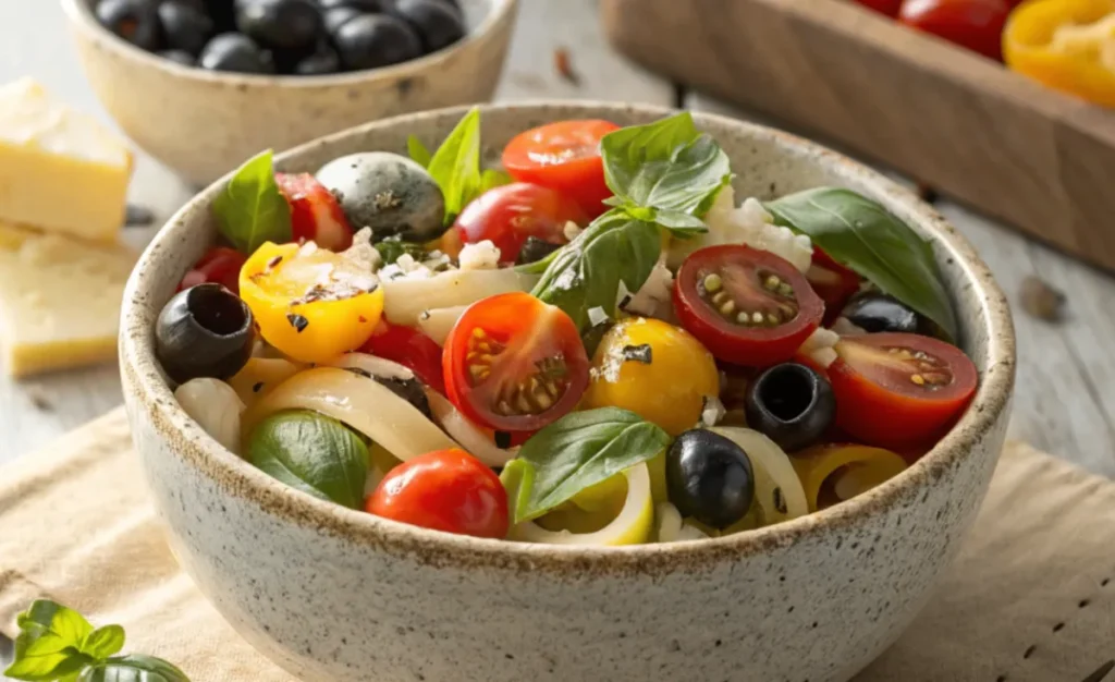Frischer Nudelsalat auf italienisch mit Kirschtomaten, Paprika, Oliven, Basilikum und Parmesan in einer rustikalen Schüssel