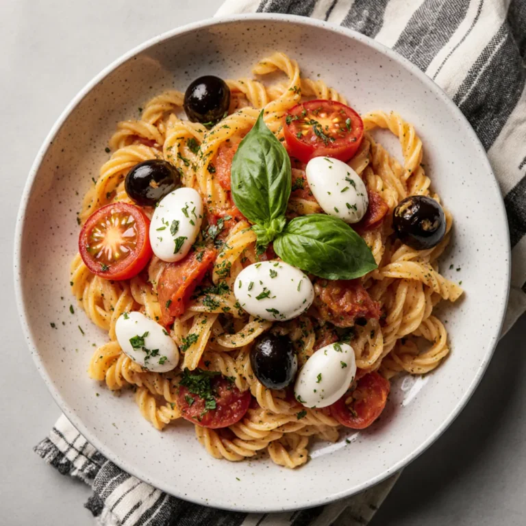 Frischer Nudelsalat auf italienisch mit Kirschtomaten, Paprika, Oliven, Basilikum und Parmesan in einer rustikalen Schüssel