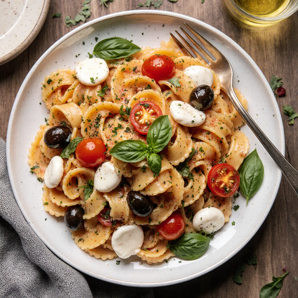 Frischer Nudelsalat auf italienisch mit Kirschtomaten, Paprika, Oliven, Basilikum und Parmesan in einer rustikalen Schüssel