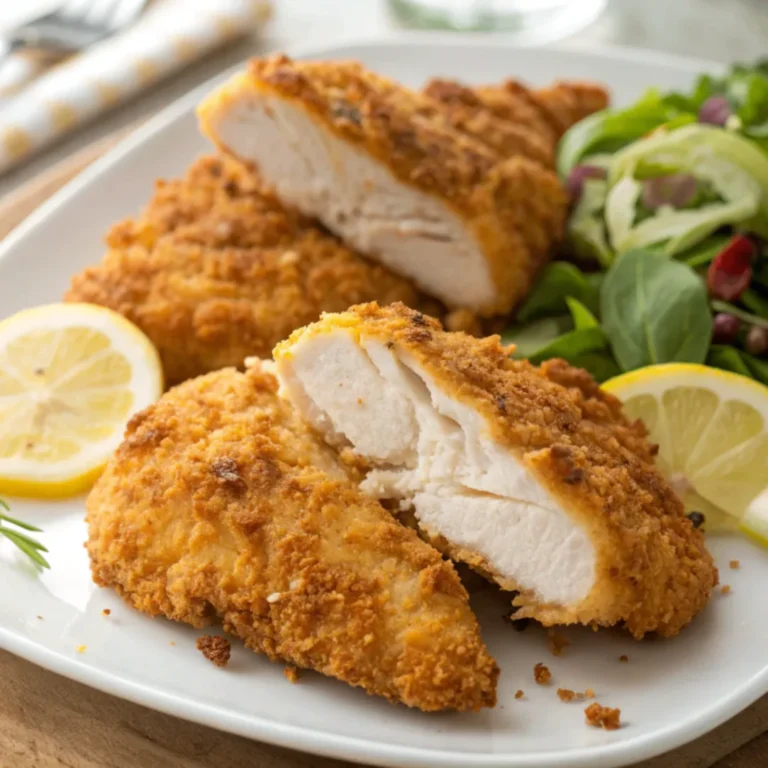 Knusprige Airfryer Panierte Hähnchenbrust auf Teller mit Salat und Zitrone, goldbraun und saftig