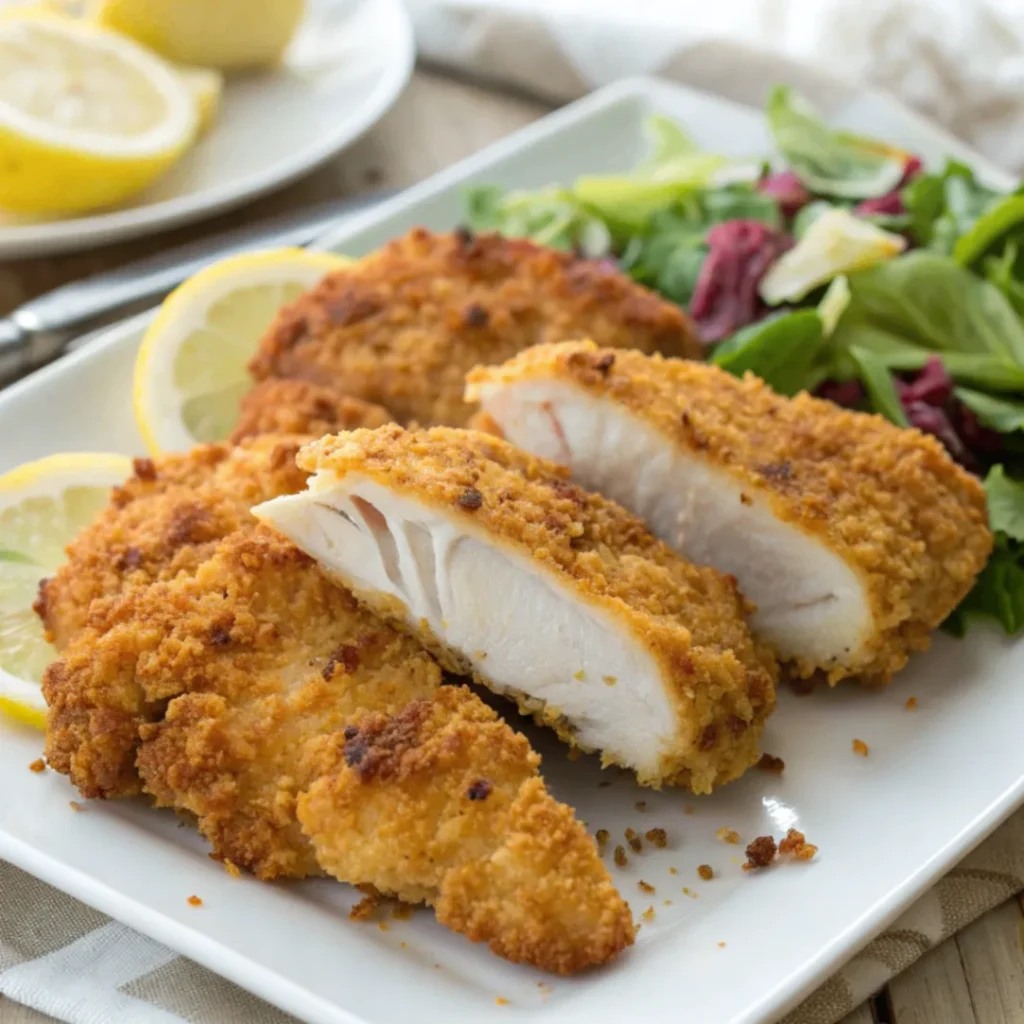 Knusprige Airfryer Panierte Hähnchenbrust auf Teller mit Salat und Zitrone, goldbraun und saftig