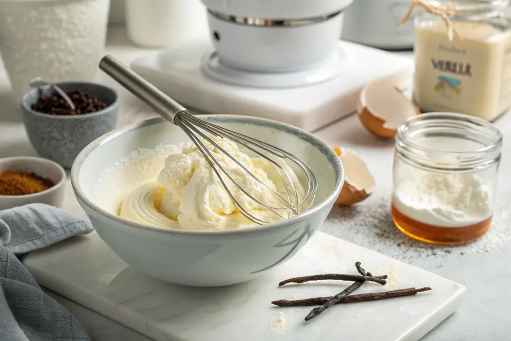 Schüssel mit Mascarpone, Zucker und Vanilleextrakt, die cremig gerührt wird