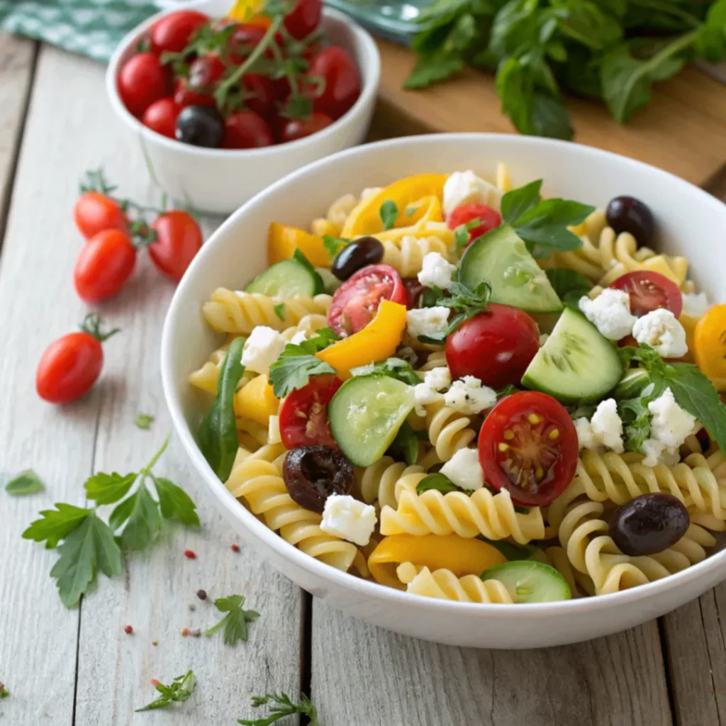 Mediterraner Nudelsalat mit Feta, frisches Rezept mit Gemüse und Pasta