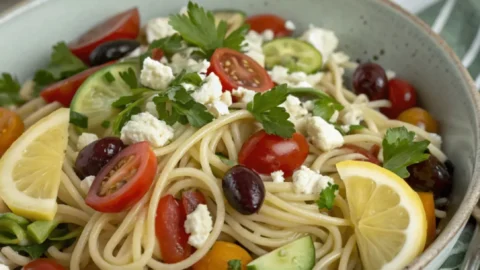 Mediterraner Nudelsalat mit Feta, frisches Rezept mit Gemüse und Pasta