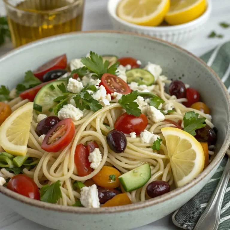Mediterraner Nudelsalat mit Feta, frisches Rezept mit Gemüse und Pasta
