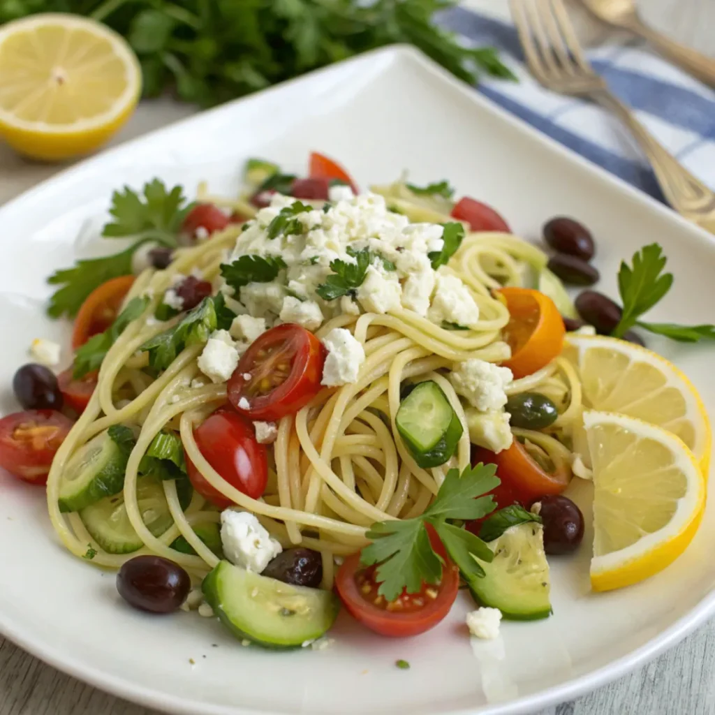 Mediterraner Nudelsalat mit Feta, frisches Rezept mit Gemüse und Pasta