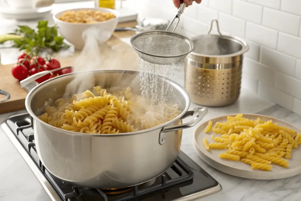 Kochen von Fusilli-Nudeln für Nudelsalat auf italienisch
