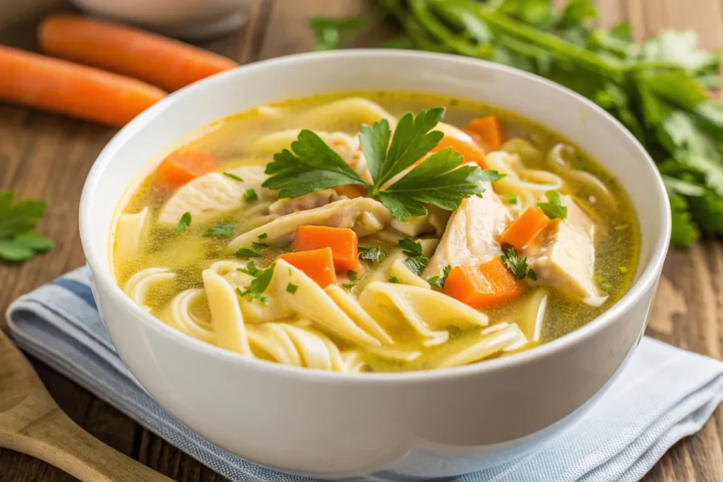 Omas Hühnersuppe in einer Schüssel mit Huhn, Karotten, Sellerie und Petersilie