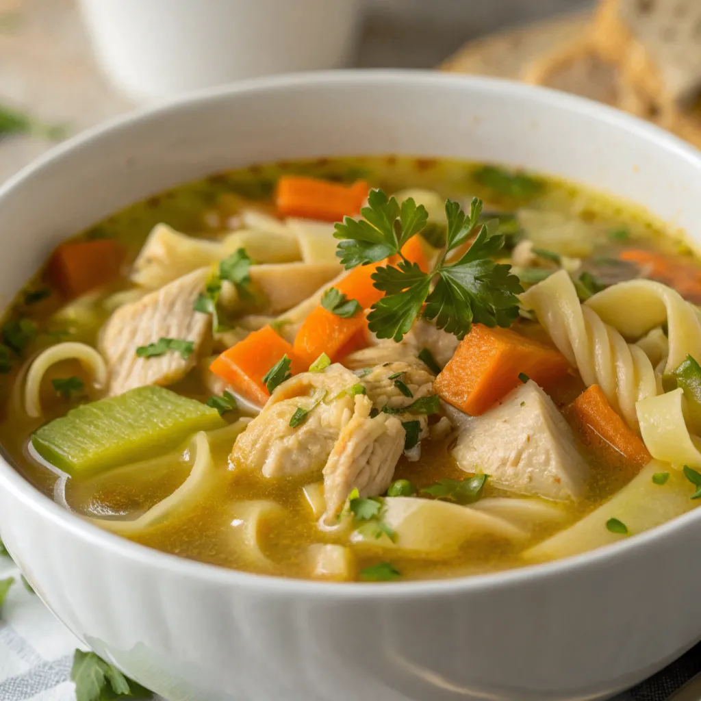Omas Hühnersuppe in einer Schüssel mit Huhn, Karotten, Sellerie und Petersilie