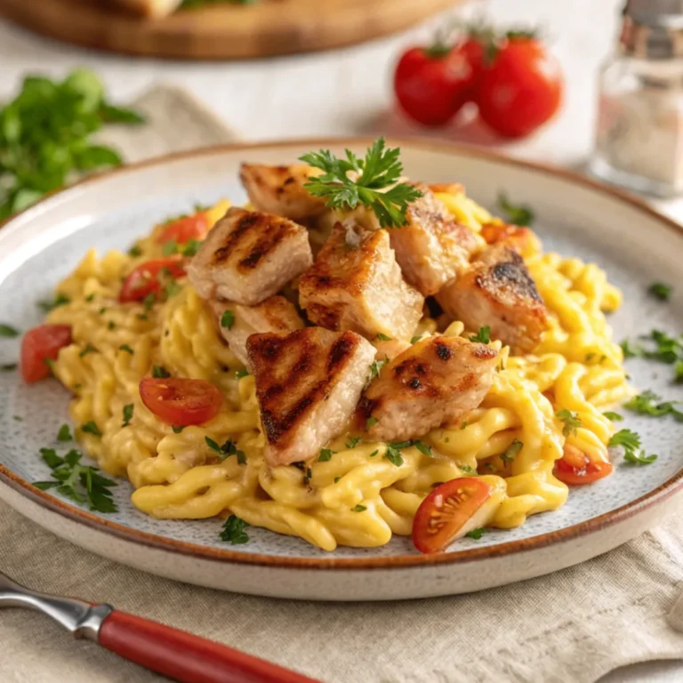 Cremige One-Pot-Spätzle mit Hähnchen in Schüssel serviert, mit Käse und frischer Petersilie garniert