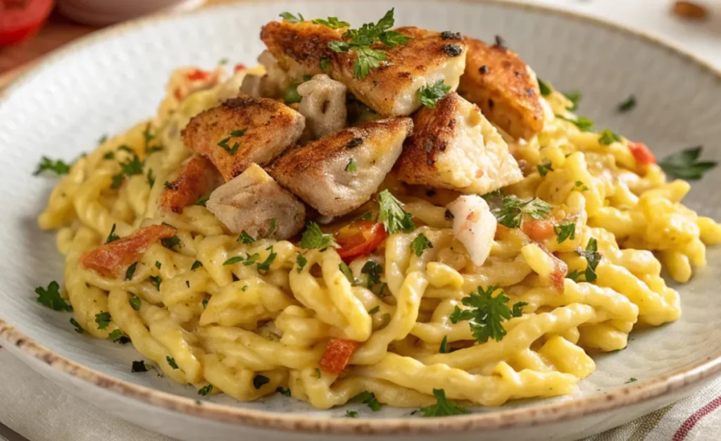 Cremige One-Pot-Spätzle mit Hähnchen in Schüssel serviert, mit Käse und frischer Petersilie garniert