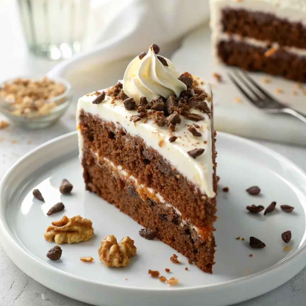 Ein Stück Schoko Karottenkuchen mit cremigem Frischkäse Frosting auf einem Teller