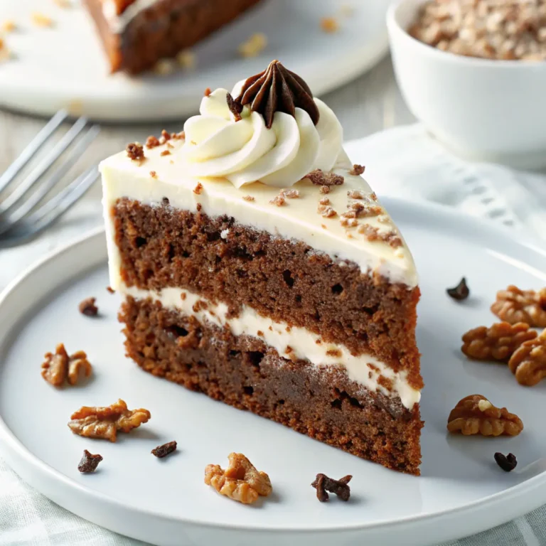 Ein Stück Schoko Karottenkuchen mit cremigem Frischkäse Frosting auf einem Teller